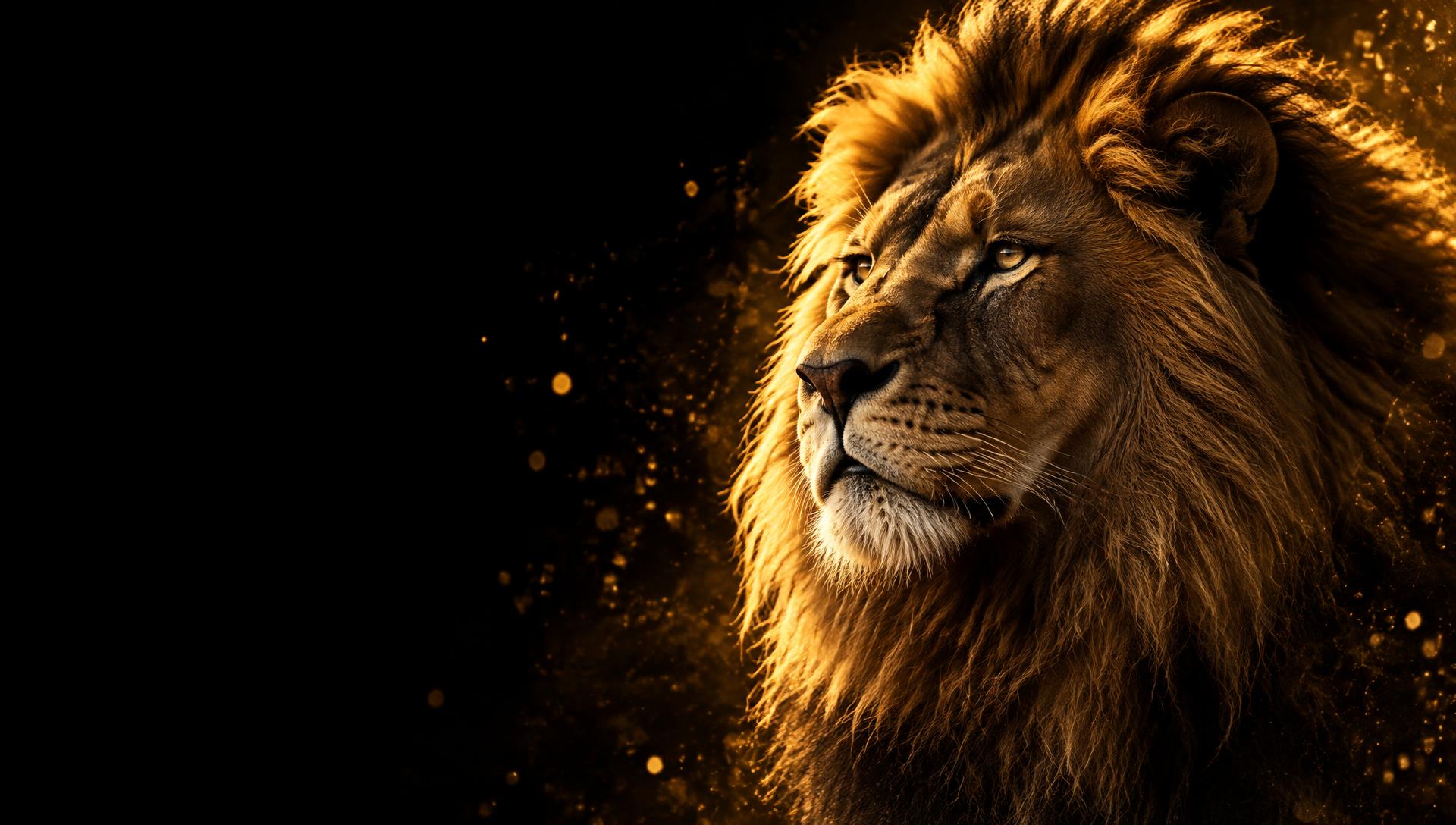 Lion majestueux éclairé d'une lumière dorée