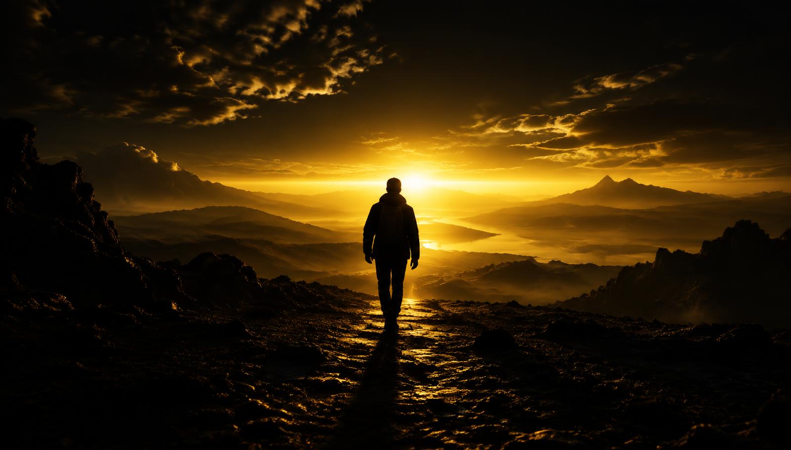 Personne avançant vers un horizon doré