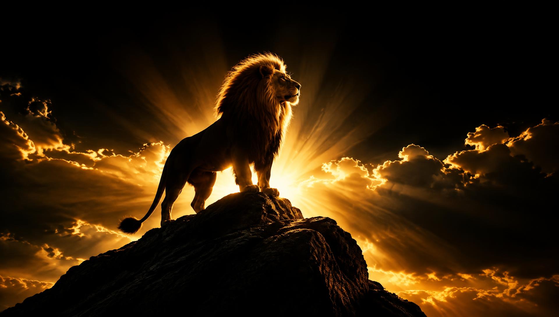 Lion sur un rocher face à la lumière dorée